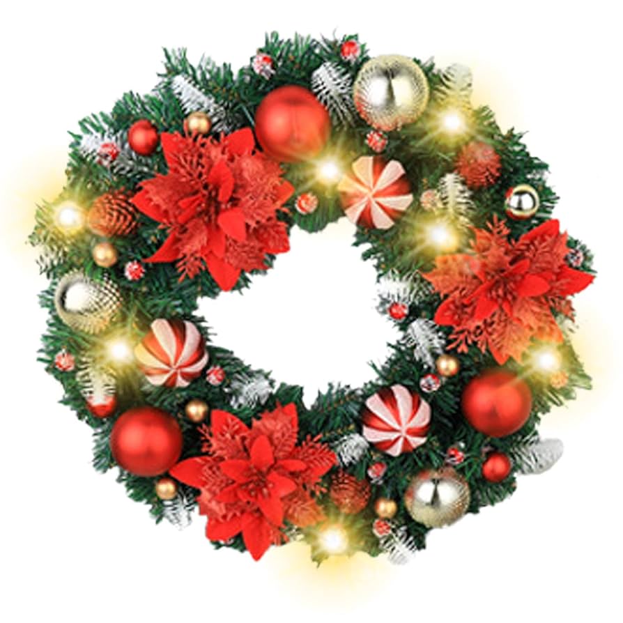 16.クリスマスリース Amazon.co.jp: ライト付きクリスマスリース、16インチのホリデー